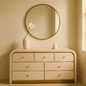 Bone Inlay Curved 4 Drawer Chest in White and Chocolate