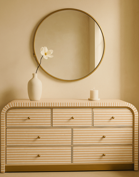 Bone Inlay Curved 4 Drawer Chest in White and Chocolate