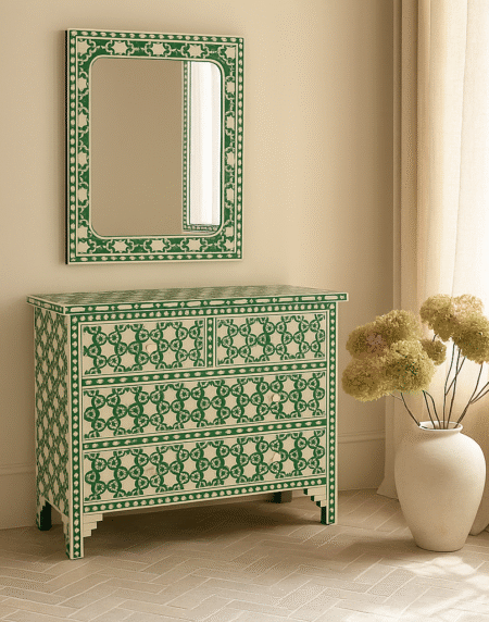 Bone Inlay 4 Drawer Chest in Green Floral Design Mirror Frame Design – Pearl Furniture House