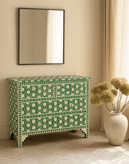 Bone Inlay 4 Drawer Chest in Green Floral Design Mirror Frame Design – Pearl Furniture House