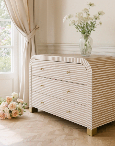 Curved bone inlay chest of drawers with white and almond striped pattern, handcrafted dresser with 4 drawers and brass base accents
