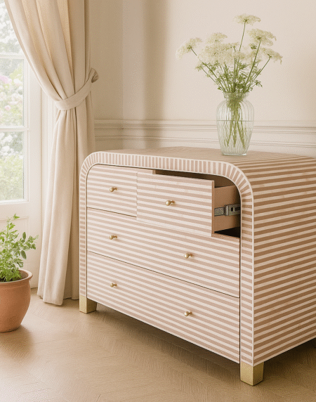 handcrafted dresser with 4 drawers and brass base accents